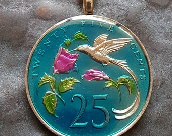 Jamaica - Hummingbird Coin Pendant. Coin Hand Painted by Ann Nolen. Coin size Medium, about 1-1/4 inch. Coin date 1987.