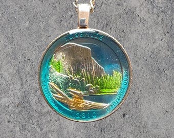 Hand Painted USA State Quarter. Yosemite Pendant. 1 inch coin dated 2010