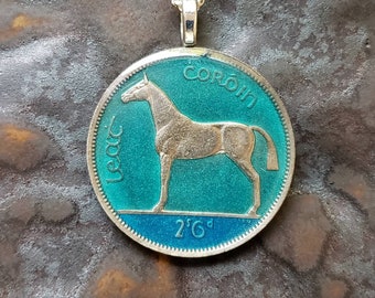 Coin from Ireland - Hunter Horse. Hand Painted by Ann Nolen. Coin size Medium, about 1-1/4 inch. Coin dates vary. Pendant - coin jewelry.
