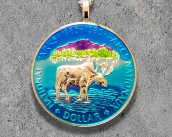 Hand Painted Canada Silver Coin. Moose Pendant. 1-1/2 inch coin dated 1985.