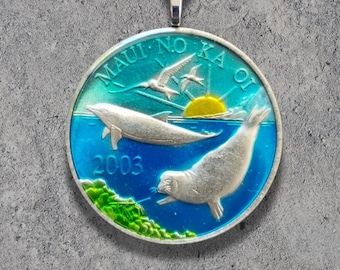 Hand Painted Maui Hawaii Coin. Seal & Dolphin Pendant. 1-1/2 inch coin dated 2003.