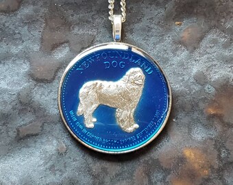 Canada -  Newfoundland Dog Coin Pendant. Corner Brook Jubilee. Hand Painted by Ann Nolen. Coin size Medium, about 1-1/4 inch. Coin date 1981