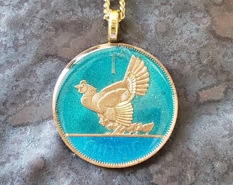 Hand Painted Ireland Coin, Hen & Baby Chicks Pendant. 1-1/4 inch Coin dated 1952.