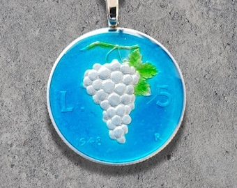 Hand Painted Italy Coin. Wine Grape Pendant. 1 inch coin - dated 1949 or 1950