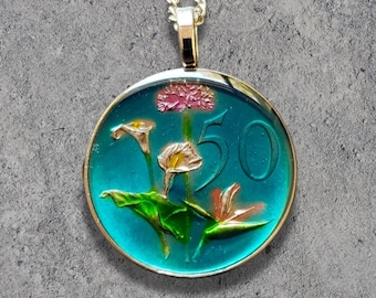 Hand Painted South Africa 1960's Coin. Flowers Pendant by artist Ann Nolen.
