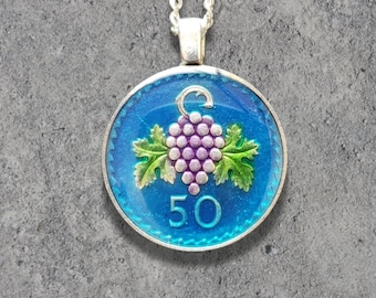 Hand Painted Cyprus Coin – Wine Grapes Pendant. 1 inch coin dated 1960.