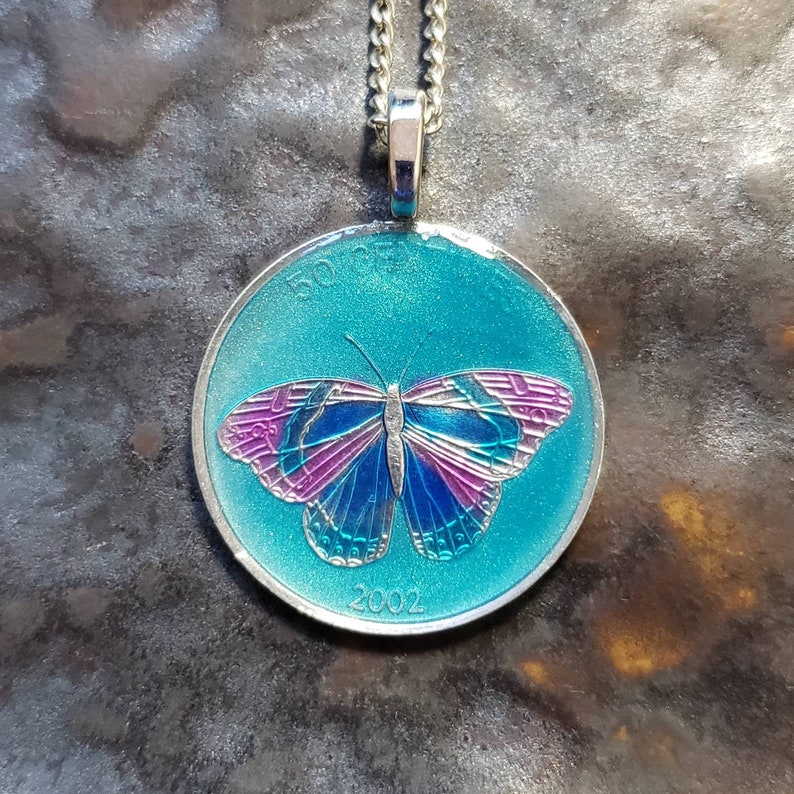Coin from Congo, hand painted by Ann Nolen. Butterfly Pendant. Coin size Small, about 1 inch. Coin date 2002. Coin Jewelry image 1