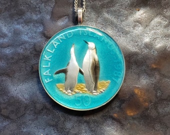 Falkland Islands Penguin Silver Coin pendant. Hand Painted by Ann Nolen. King Penguin. Coin size large, about 1-1/2 inch. Coin date 1987.