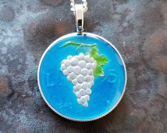 Coin from Italy - Wine Grapes. Hand Painted by Ann Nolen. Coin size Small, about 1 inch. Coin dates vary. Pendant - Coin Jewelry.