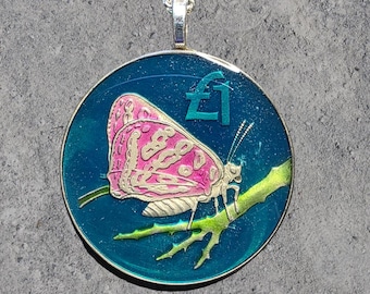 Hand Painted Cyprus Coin. Butterfly Pendant. 1.5 inch coin dated 2002.