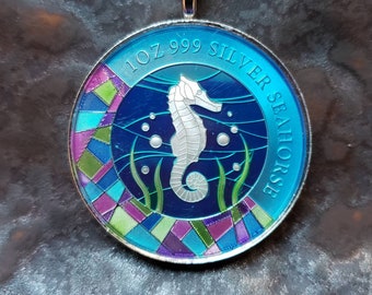Coin from Samoa,  Hand Painted by Ann Nolen. Seahorse. 1 oz Silver. Limited edition. Size Large, 1-1/2 inch. Coin date 2018. Pendant.