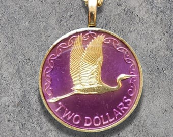 Hand Painted New Zealand Coin. White Heron Bird Pendant. 1 inch coin dated 1991