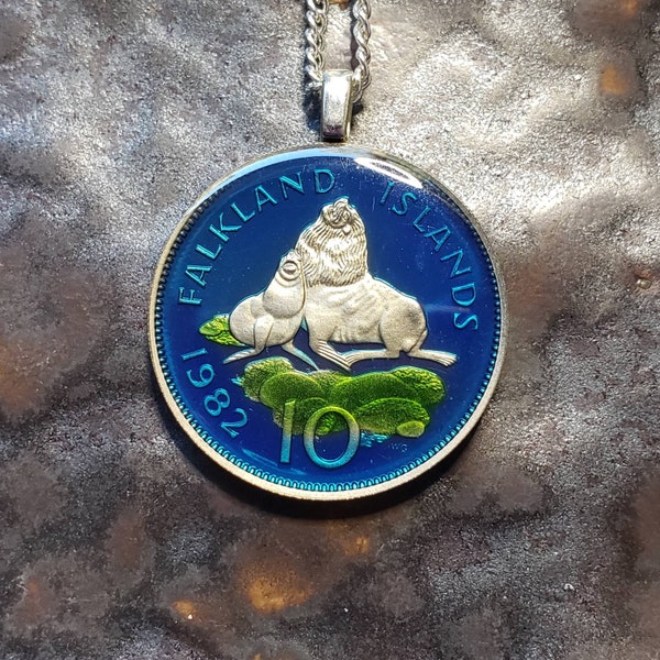 Falkland  Islands - Walrus coin pendant. Coin Hand Painted by Ann Nolen. Coin size Small, about 1 inch, coin date 1982. Coin Jewelry