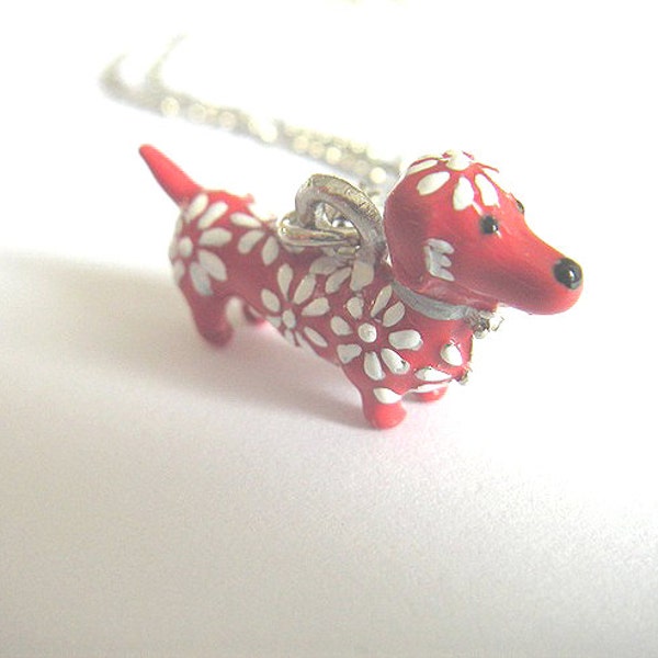 Red and white Dachshund jewelry sausage dog weiner charm silver necklace