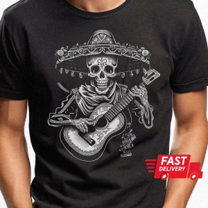 Camisa Dia de los muertos Día de Muertos, Camisa Esqueleto, Guitarra Mariachi, Fiesta Española Mexicana, Camisas de Halloween, Camiseta Gráfica Unisex