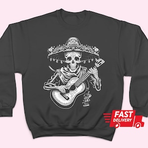 Suéter de camisa Dia de los muertos, sudadera de regalo, jersey de esqueleto, guitarra mariachi, calavera, fiesta española mexicana