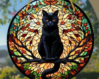 Black Cat Moonlight Stained Glass Suncatcher – Cat Lover Window Hanging for Home, Yard, Garden, or Indoor Decor Gift