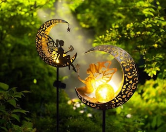 Fairy on the Moon Solar Garden Statue – Metal Outdoor Decor Light – Whimsical Yard Art – 3 Designs – Fairy Garden Gift for Her