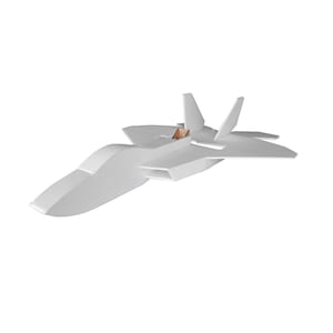 Puede incluir: Un modelo de avión de espuma blanca con un diseño de avión de combate. El modelo está ensamblado y listo para volar.
