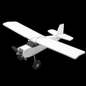 May include: A white model airplane with a black propeller and wheels. The plane has a single engine and a small tail.