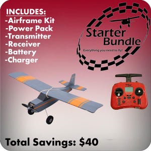 May include: A model aeroplane in grey and orange, with a red remote control. The image includes text that reads "Starter Bundle" and "Everything you need to fly!" The text also lists the items included in the bundle.