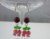 Hello Kitty Cherry Bomb Necklace, green enamel chain, green Swarovski crystals, red Swarovski pearls, EARRINGS ARE INCLUDED Great gift