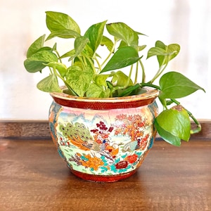 Vintage Chinese Porcelain Fish Bowl Planter – Gold Gilded, Hand Painted Peacocks & Koi Jardiniere, Chinoiserie Decor