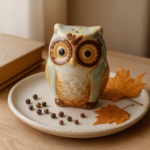 Vintage Hand-Painted Ceramic Owl Salt Shaker: Cottagecore Kitchen Decor