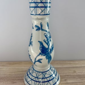Blue and White Ceramic Candlestick Holder | Chinoiserie Bird & Floral Motif | 10.5” Tall Vintage-Inspired Decor