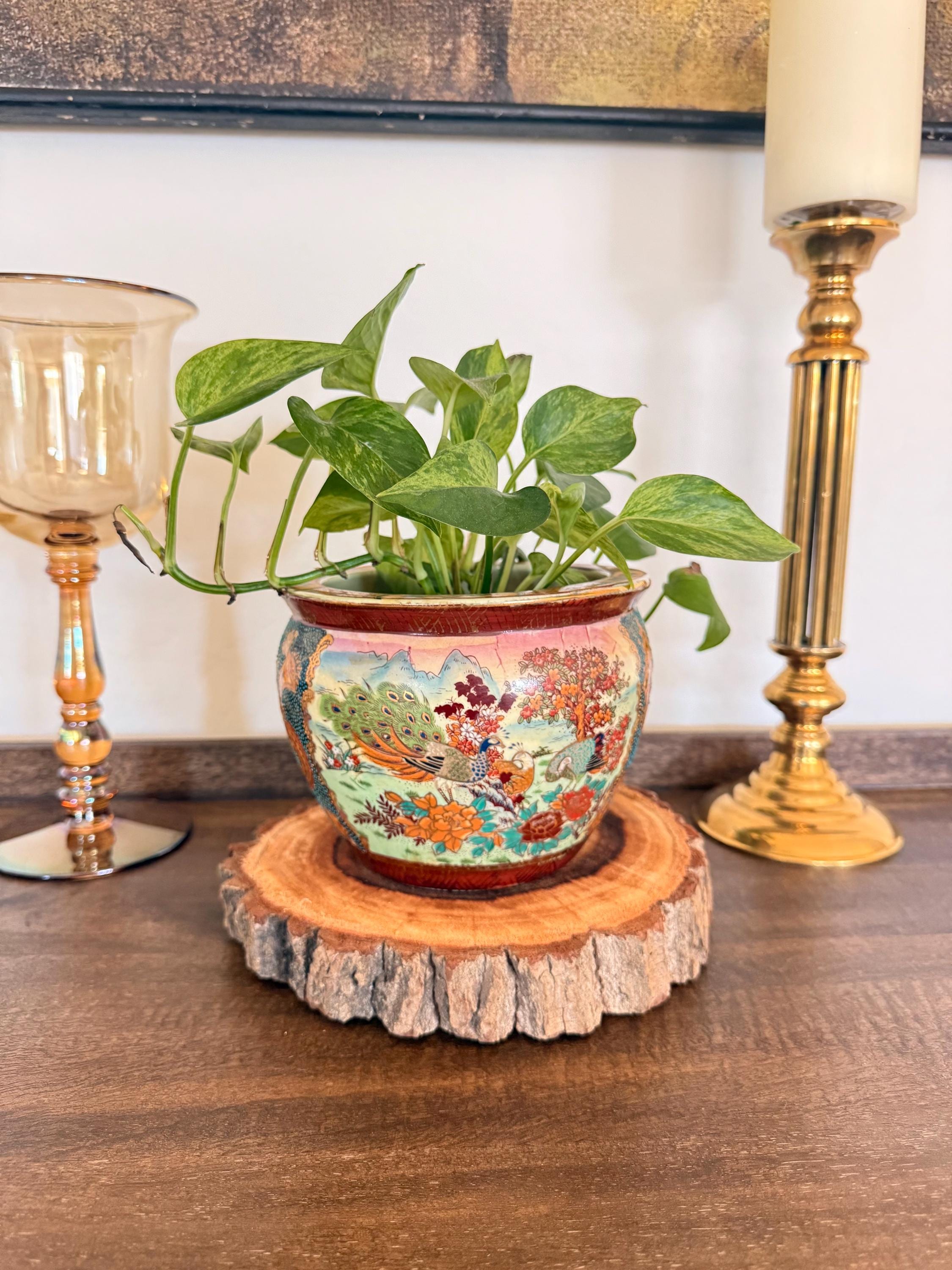 Vintage Chinese Porcelain Planter: Hand-painted Peacocks & Koi