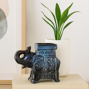 Vintage Ceramic Elephant Planter – Black & Cobalt Blue Glaze