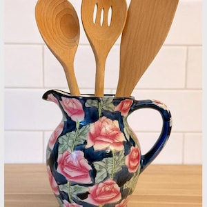 Unique gift - Home decor- Vintage Gift- Vintage Rose Floral Ceramic Pitcher – Hand-Painted Navy & Pink Water Jug – Cottagecore Vase