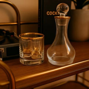 Vintage MCM Gold Rim Shot Glass Set with Decanter & Holder | Mid-Century Modern Barware | Retro Cocktail Set with Original Stopper