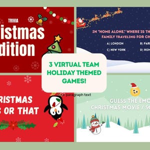Puede incluir: Gráfico festivo con cuatro propuestas de juegos temáticos navideños. Las propuestas incluyen un juego de preguntas, un juego "Esto o aquello", una pregunta sobre "Solo en casa" y un juego "Adivina el emoji". El texto dice "¡3 juegos virtuales temáticos de vacaciones en equipo!"