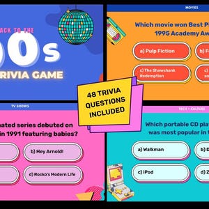 Può includere: Un colorato tabellone di gioco a quiz con il testo "Take Me Back to the 90s Trivia Game". Il gioco include domande su film, programmi TV e tecnologia degli anni '90. Il gioco include 48 domande.