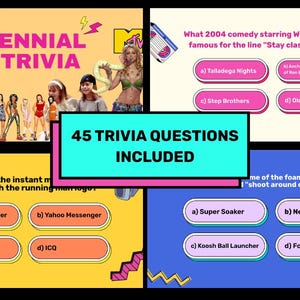 Könnte beinhalten: Ein Millennial Trivia-Spiel mit 45 Fragen. Das Spiel zeigt Bilder von Popkultur-Ikonen und Quizfragen zu Filmen, Technologie und mehr. Das Spiel enthält Multiple-Choice-Antworten.