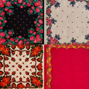 May include: Four square textiles with floral patterns. One is black with red roses, another is cream with pink and blue flowers, a third is cream with orange roses, and the last is red with a yellow and orange scalloped border.