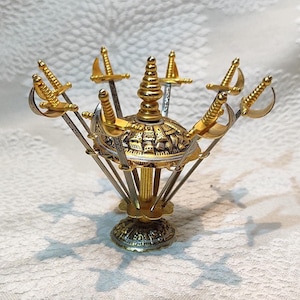 Sword Cocktail 8 Picks in Spanish Fan Stand, Vintage Sticks, Spanish cocktail swords in shape on a brass vintage enamel holder, Toledo style