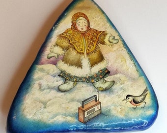 Abuela / Madre en pintura de invierno, Arte de pintura, Arte de rocas, Roca pintada, Pintura de invierno, Piedra pintada a mano,