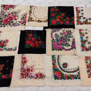 May include: A collection of 10 vintage floral patterned fabric squares. The squares are in various colors, including white, black, and red. The floral patterns are intricate and detailed.