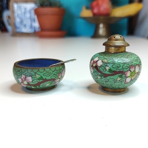 Vintage Chinese Cloisonné Salt Cellar & Shaker Set 1960s with Silver Spoon, Mustard Pot, Cloisonne Enamel Salt Cellar and Pepper Shaker