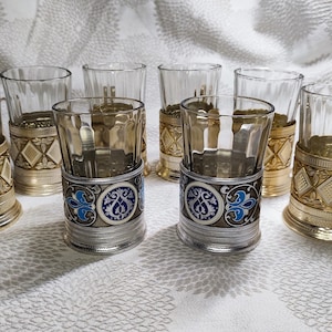 Soviet vintage tea glasses in a glass holder made in USSR in 1980s, Enamel Podstakannik Tea Glass Cup Holders Set 6 USSR 1970s Vintage
