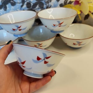 Set of 6 Vintage Japanese Rice Bowls, Tachiyoshi Porcelain, Hand Painted, Translucent White Glaze, Tea bowls, Soup bowls, Dessert bowls