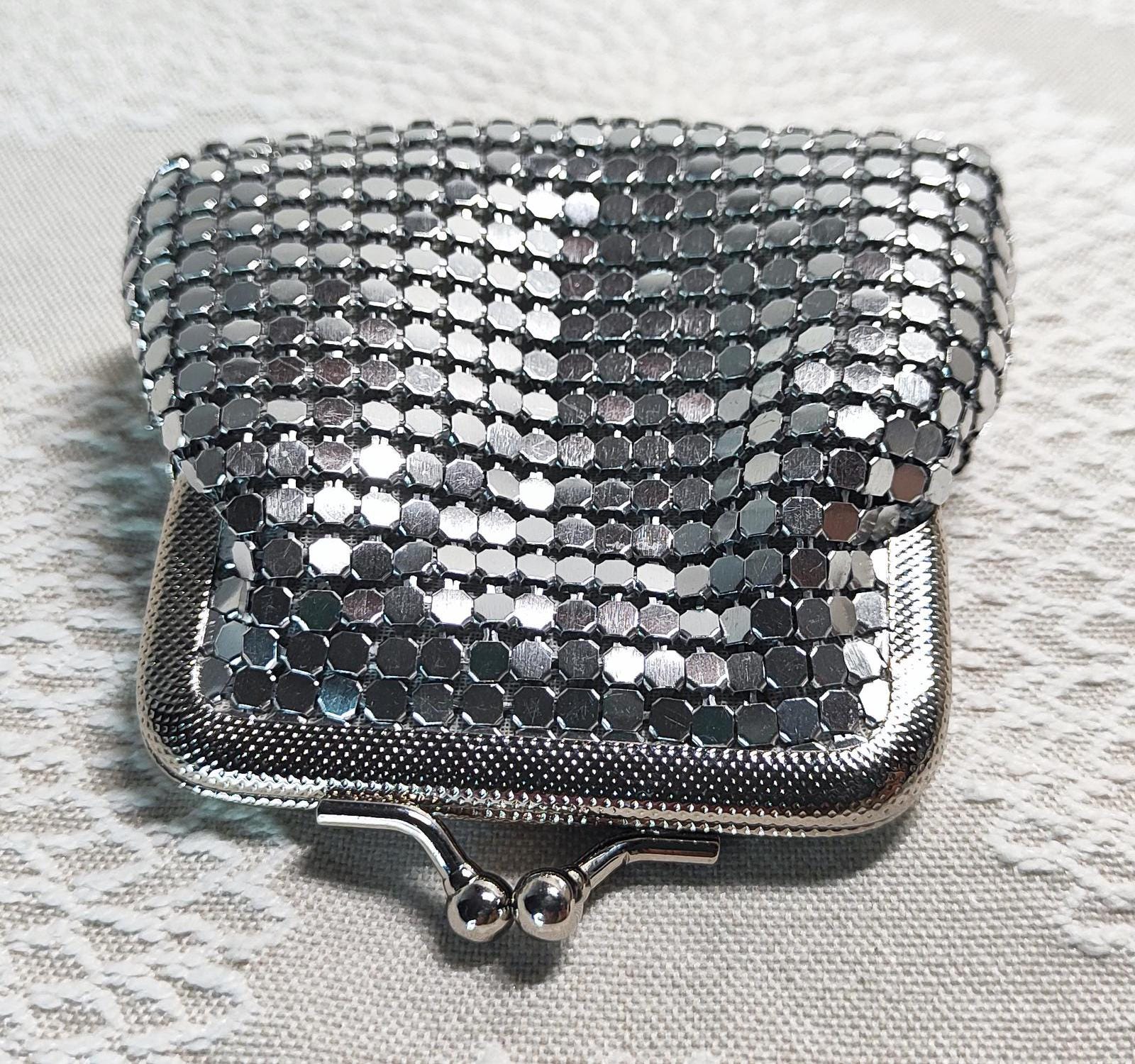 Retro Silver Chainmail Metal Coin Purse, Vintage Silver