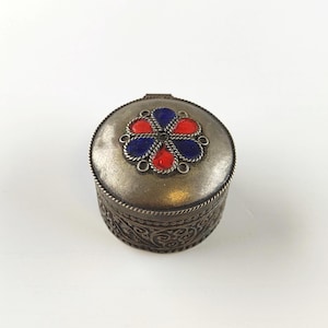 Vintage Brass Pill Box with Enamel Lid, Tiny Jewelry Box, Tooth Fairy Box, Secure Clasp, Gift for Trinket Lovers