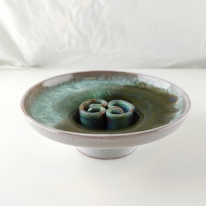 Estonian Handmade Ikebana Vase, Rustic Clay Flower Bowl, Green Ceramic Wabi-Sabi Pottery, Japanese Style Centerpiece, Flower Vase Green Blue
