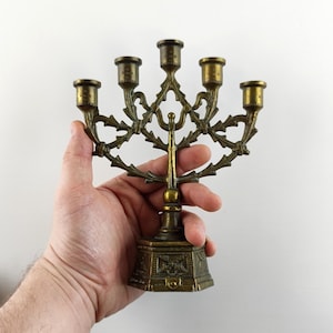 Vintage Hanukkah Menorah, Bronze Hanukkiah Candelabra, 5-Branch Jewish Candle Holder, Judaica, 19.5 cm Tall