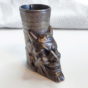 Vintage Soviet Metal Devil Head Pen Holder, Soviet pencil box devil, Candlestick devil. Soviet Mephistopheles, Vintage figure of a devil.
