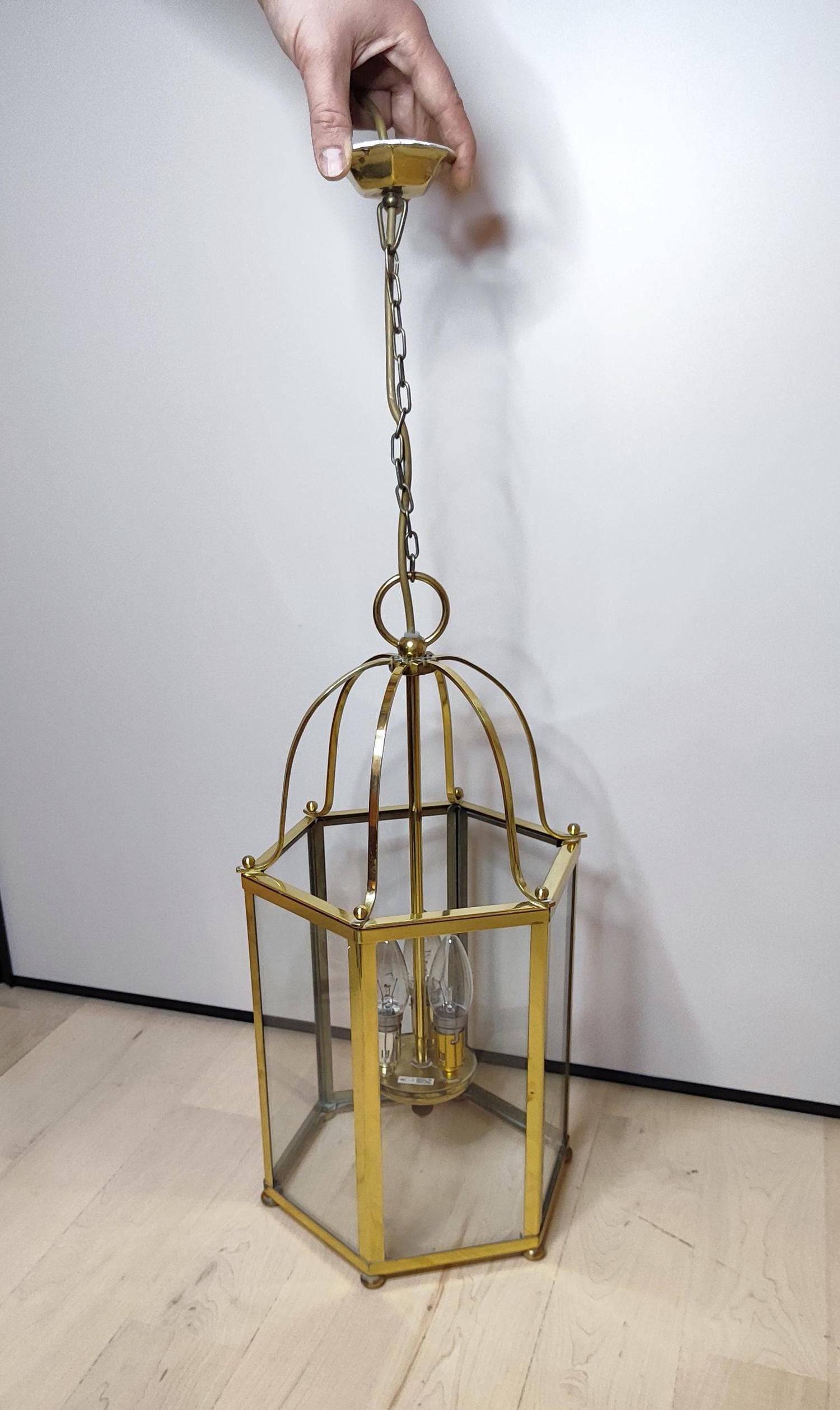Large Neoclassical Style Lantern Brass and Glass, Vintage Traditional Glass Panel Brass Hanging Lantern, Hexagon brass & glass hall lantern