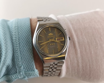Vintage men's wristwatch Gold Dial Orient 3 star Crystal 21 Jewels stainless steel Made in Japan, Orient wristwatch unisex, SERVICED